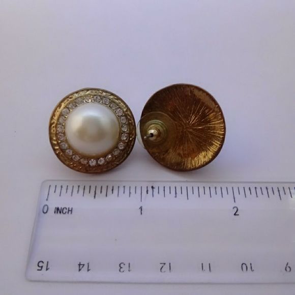Vintage Rhinestone & Faux Pearl Button Earrings - Picture 2 of 2